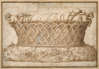 Design til et spædbarns grav (pen og brun blæk med brun vask på papir) af Giulio Romano