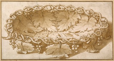 Design til en oval frugtskål med vinranker, blade og vindruer (pen og brun blæk med brun vask på papir) af Giulio Romano