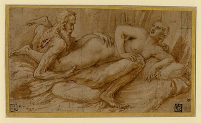 Erotisk scene af Romano, Giulio (1499-1546), efter 1524 - Pen, pensel, brunt indisk blæk, hvid farve, sort kridt på papir af Giulio Romano