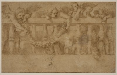 Fire vingede putti dekorerer en balustrade med guirlander af Giulio Romano