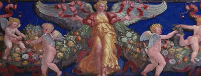 Frise fra Camera con Fregio di Amorini Amor-kammer Frise-detalje af en engel i en gylden kjole med spredte vinger, fresko fra 1520