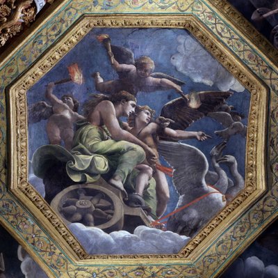 Rasende Venus udpeger Psyke til Amor for at straffe hende. Fresko af Giulio Pippi de