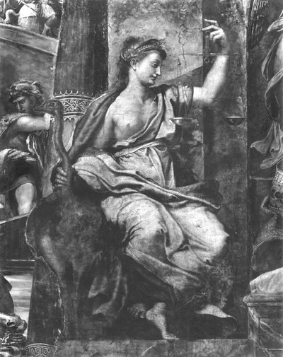 Retfærdighed, en af de to dyder omkring Pave St. Urban I (d.230) Raphael Rooms (detalje) (se også 252782, 252783, 252785) af Giulio Romano