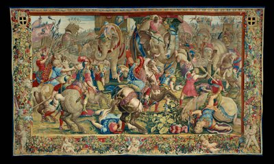 Historien om Scipio: Slaget ved Zama, Hanibals nederlag, tiende del af billedtæppet, uld og silke, billedtæppe ... af Giulio Romano