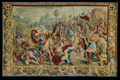 Historien om Scipio: Slaget ved Ticino, første del af billedtæppet, uld og silke, billedtæppe ... af Giulio Romano