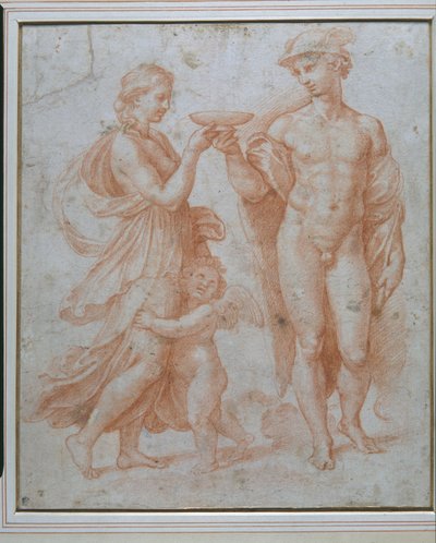 Merkur tilbyder udødelighedens bæger til Psyche (rødt kridt på hvidt papir) af Giulio Romano