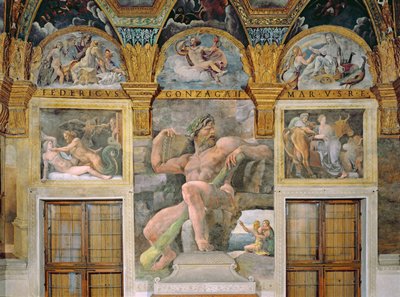 Olympia forført af Jupiter, Polyphemus vogter Acis og Galatea, Pasiphae kommer ind i koen bygget af Daedalus, fra Sala di Amore e Psiche af Giulio Romano