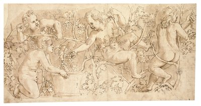 Putti plukker druer: Design til en frise af Giulio Romano