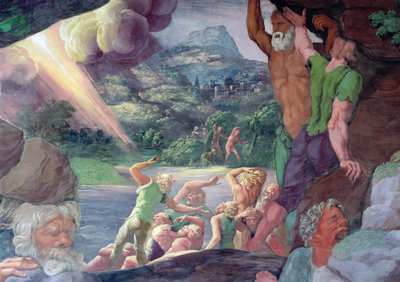 Sala dei Giganti, detalje af ødelæggelsen af kæmperne af Jupiters tordenbolte, 1536 fresco detalje af 78482 af Giulio Romano
