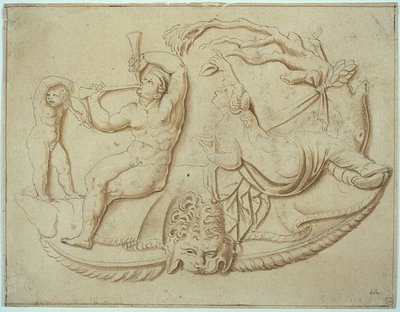 Satyr med to piber og Putto og kvinde, der drikker af træet af Giulio Romano