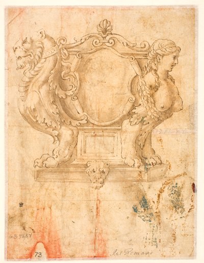 Skulptierter Sarg oder Sarg mit leerem Wappenschild af Giulio Romano