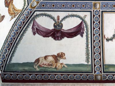 Camera con Fregio di Amorini Chamber of the Cupid Frieze detalje af en hund og en hvalp, fresko fra 1520
