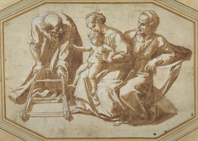 Den hellige familie og Sankt Anne med Kristusbarnet ved at blive lært at gå af Giulio Romano
