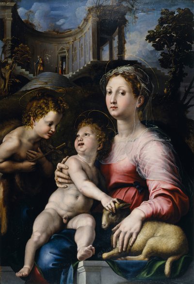 Madonna og barnet med Johannes Døberen af Giulio Romano
