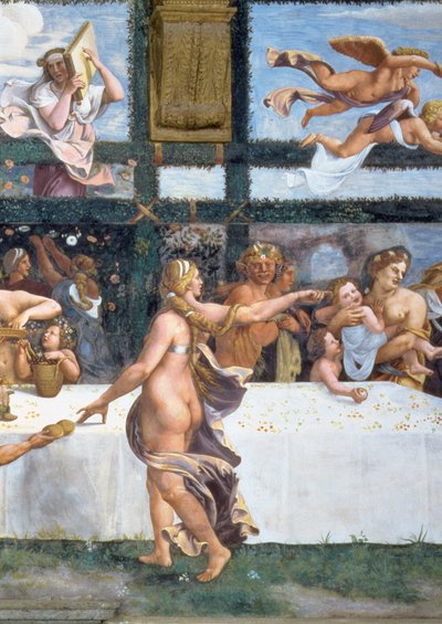 Den rustikke banket, der fejrer Amor og Psyches bryllup, med de tre lunetter foroven, der viser en af Psyches prøvelser med at bringe en krukke med Proser