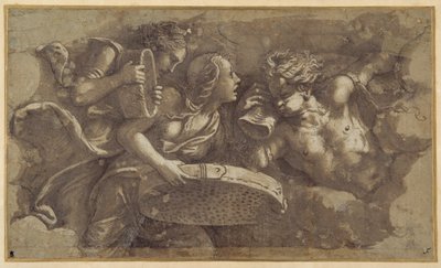 Vestal Tuccia med si (pen & brun blæk med brun vask på papir) af Giulio Romano