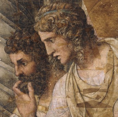 To mænd, brystlængde, ser ned: en tegneserie til et gobelin, af Giulio Romano