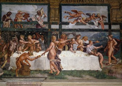 Bryllupsfest eller gudernes banket, freskomaleri af Giulio Romano (1499-1546), vestvæggen af Amor og Psykes kammer, Palazzo Te, Mantua (UNESCOs verdensarvsliste, 2008), Lombardiet, Italien af Giulio Romano
