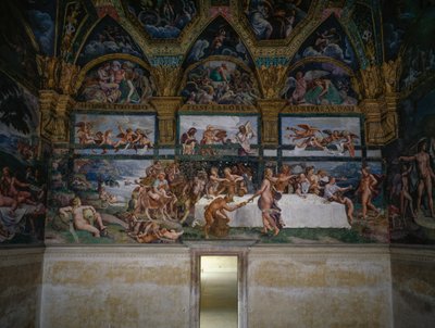 Bryllupsfest eller gudernes banket, freskomaleri af Giulio Romano (1499-1546), vestvæggen af Amor og Psykes kammer, Palazzo Te, Mantua (UNESCOs verdensarvsliste, 2008), Lombardiet, Italien af Giulio Romano