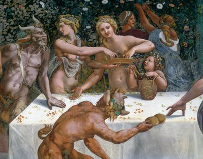 Bryllupsfest eller gudernes banket, freskomaleri af Giulio Romano (1499-1546), vestvæggen af Amor og Psykes kammer, Palazzo Te, Mantua (UNESCOs verdensarvsliste, 2008), Lombardiet, Italien af Giulio Romano