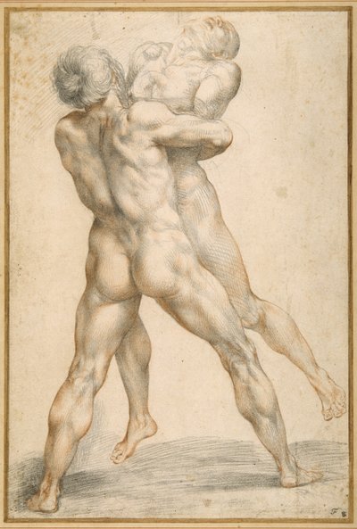 Hercules, der brydes med Antaeus (sort og rødt kridt på hvidt papir) af Giuseppe Cesari