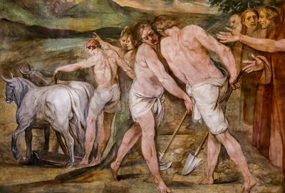 Romulus pløjer grænselinjen omkring den fremtidige by Rom (detaljer) af Giuseppe Cesari