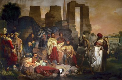Ægyptolog Jean Francois Champollion sidder i centrum, omgivet af Ippolito Rosellini og Gaetano Rossellini af Giuseppe Angelelli