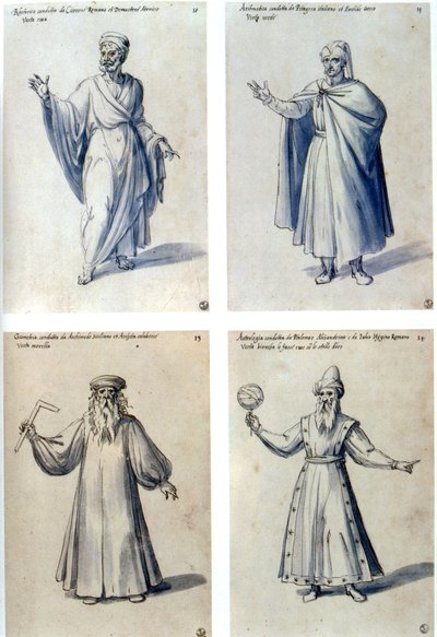 Kostumedesign til klassiske figurer. Øverst til venstre: Cicero. Øverst R: Euklid. Nederst L: Arkimedes. Nederst. R: Ptolemaios af Alexandria. Guiseppe Arcimboldo (ca. 1530-1593) italiensk maler. Pen, blåt blæk og akvarel på papir. af Giuseppe Arcimboldo