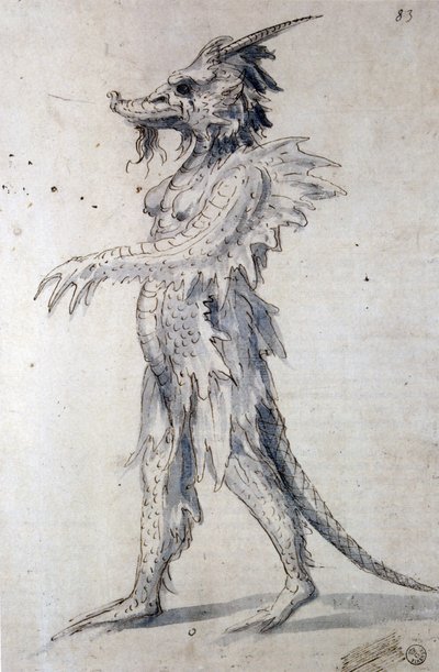 Design til en drage (pen, blåt blæk og akvarel på papir) af Giuseppe Arcimboldo