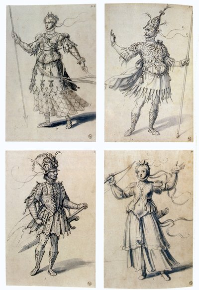 Guiseppe Arcimboldo (ca. 1530-1593) italiensk maler. Kostumedesigns til klassiske guder. Diana/Artemis og Mars/Ares. Guiseppe Arcimboldo (ca. 1530-1593) italiensk maler. Pen, blåt blæk og akvarel på papir. af Giuseppe Arcimboldo