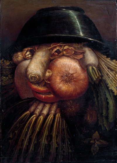 Portræt med grøntsager (The Maraicher). Blandt de repræsenterede grøntsager og frugter: nødder, radise, champignon, hvidløg, kastanje, løg, salat, hasselnød og majroe. Maleri af Giuseppe Arcimboldi (Arcimboldo) (1527-1593) Cremona, Pinacoteca Comunale af Giuseppe Arcimboldo