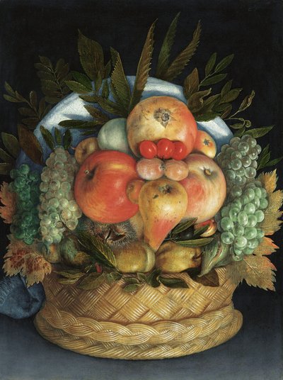 Vendbart antropomorfisk portræt af en mand sammensat af frugt af Giuseppe Arcimboldo