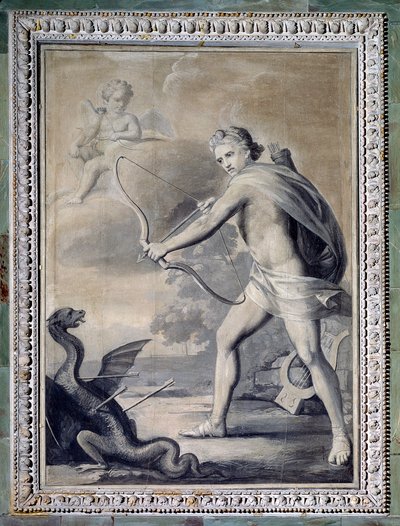 Apollon dræber slangen Python (monokrom tegning af Giuseppe Bacigalupo