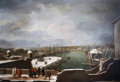 Udsigt over havnen i Genova i sneen af Giuseppe Bacigalupo