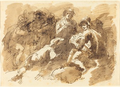 Et hyggeligt samvær med en mand, der spiller en Hurdy-Gurdy af Giuseppe Bernardino Bison