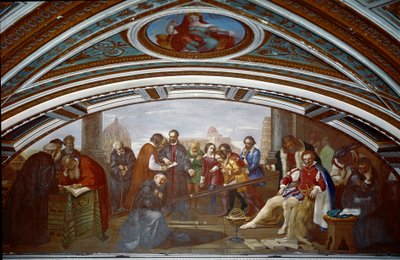 Galileo Galilei dit Galilee (1564-1642) demonstrerer loven om fald og gravitation. Galilæa demonstrerer oplevelsen med en skråplan under et offentligt foredrag i Pisa. Maleri af Giuseppe Bezzuoli (1784-1855) af Giuseppe Bezzuoli