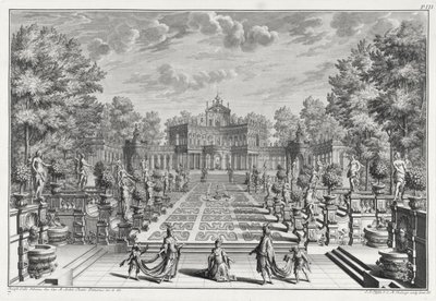 Kulisse for en opera i en have, fra Architectus Theatralis Primarius, indgraveret af Johann Andreas Pfeffel (1674-1748), udgivet 1740 af Giuseppe Bibiena