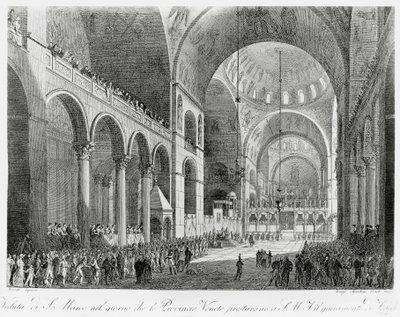 Veneto-provinserne sværger troskab til den østrigske kejser Frans II (1768-1835) i San Marco-basilikaen i Venedig, den 7. maj af Giuseppe Borsato