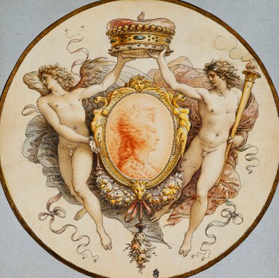 Et ovalt portræt af en kvinde i profil med en dekorativ kant af grotesker og swags, med flankerende allegoriske figurer af berømmelse og sejr, der holder en krone, af Giuseppe Cades