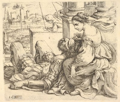 Delila holder Samsons hår og en saks, 1620-30. af Giuseppe Caletti