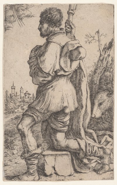 Sankt Roch, knælende på en sten, set fra siden med sin hund bag sig..., 1620-30. af Giuseppe Caletti
