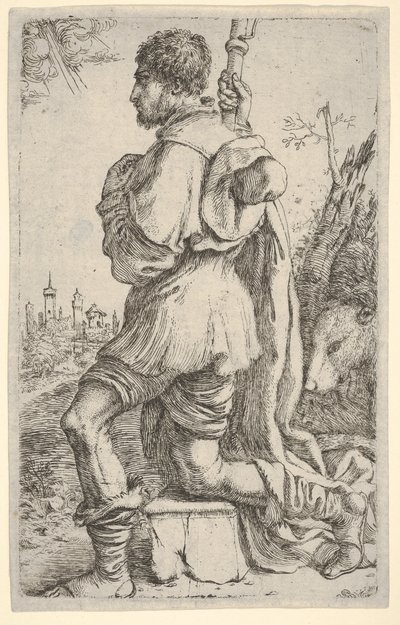 Saint Roch, knælende på en sten, set fra siden med sin hund bag sig og en by..., 1620-30. af Giuseppe Caletti