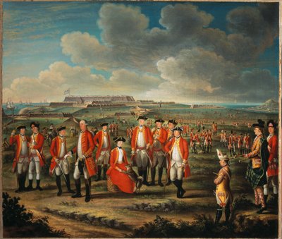 Lady Louisa Lennox med sin mands Regiment, 25th Regiment of Foot, med Lord George Lennox ved siden af sig og Fort St Philip, Port Mahon, i baggrunden, ca. 1771 af Giuseppe Chiesa