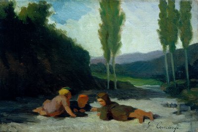 Børn leger på en flodbred (olie på lærred) af Giuseppe Ciaranfi
