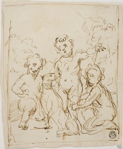 Tre putti og en hund i et landskab af Giuseppe Diamantini
