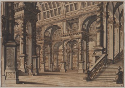Monumental hvælvet hal med trappe, andet kvartal 1700-tallet. af Giuseppe Galli Bibiena