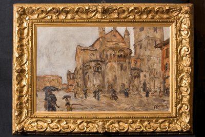 Piazza Grande in the Rain (olie på krydsfiner) af Giuseppe Graziosi