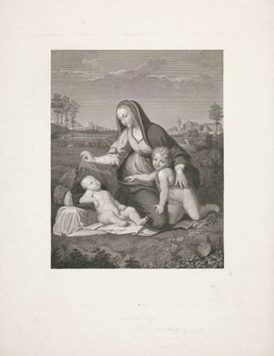Maria med barn og den unge Johannes Døberen i et landskab Madonna del Velo af Giuseppe Longhi