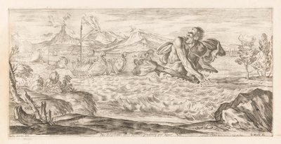 Polyphemus achtervolgt de vloot af Aeneas Her er Polyphemus til stede, rædselsfuld, skridende over sletten (titel på objekt) Omzwervingen van Aeneas (serietitel) L