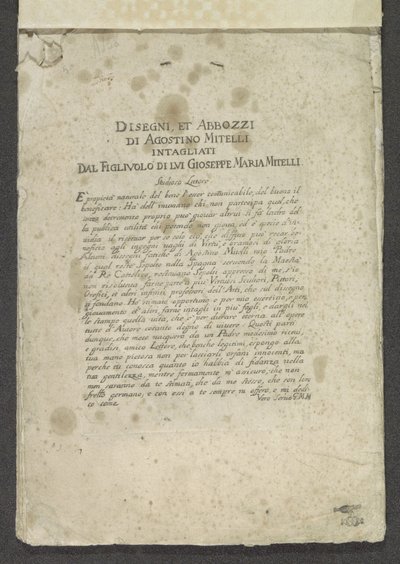 Titeltryk med forord i rækkefølge Ornamenter (serietitel) Tegninger og skitser af Agostino Mitelli Udskåret af hans søn Gioseppe Maria Mitelli (serietitel på objekt) af Giuseppe Maria Mitelli
